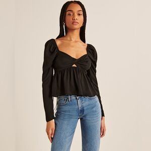 Abercrombie & Fitch Long-Sleeve Sheer Twist-Front Top size S Black